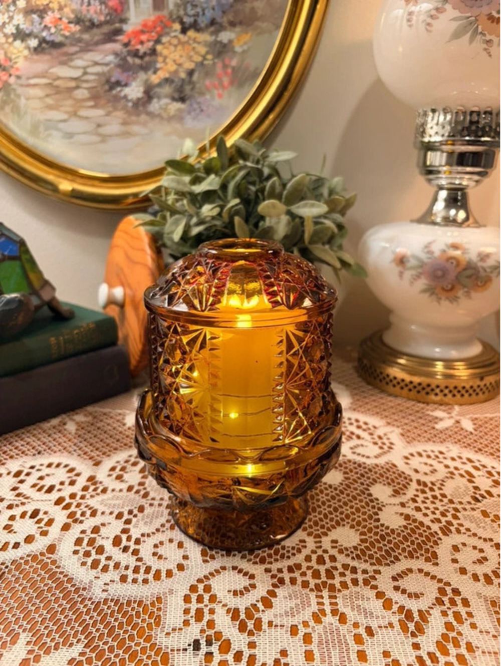 Vintage Indiana Glass Stars & Bars Amber Fairy Lamp Candle Holder
